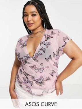 ASOS Curve Pink Butterfly Wrap Top